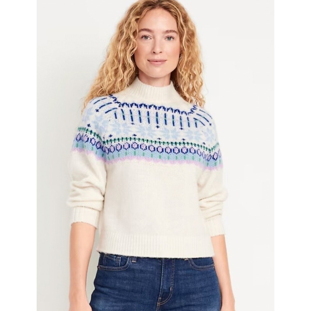 NWT Old Navy Fair Isle Apres Ski Sweater Women M Cream Mock Neck Nordic Pullover